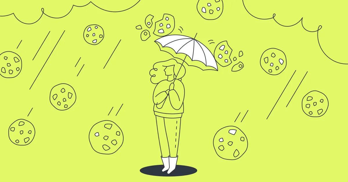 mrge illustration of a person sheltering under an umbrella from a rain of cookies